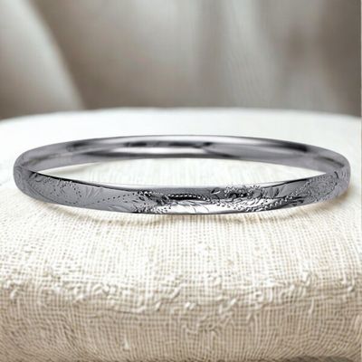 Sterling Silver Solid Round Engraved Bangle