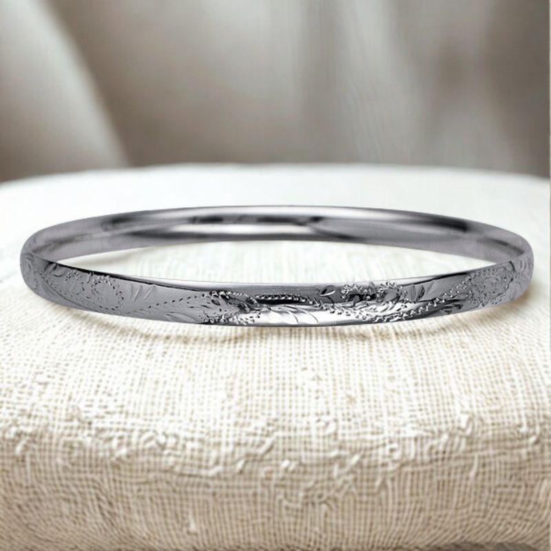 Sterling Silver Solid Round Engraved Bangle