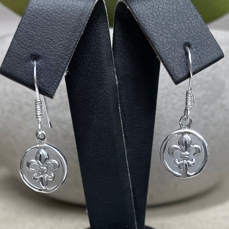 Sterling Silver Fleur De Lys Circle Earrings