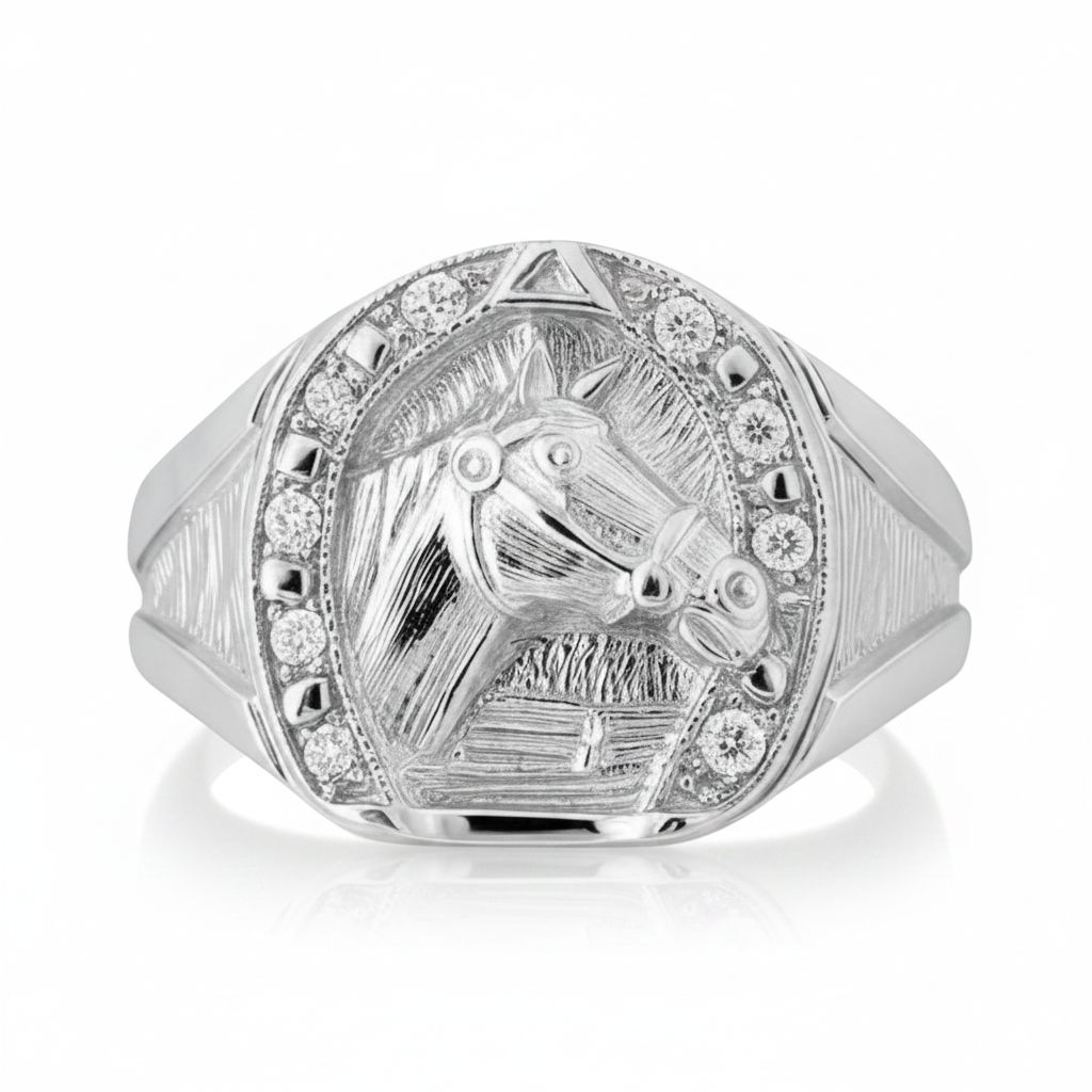 Sterling Silver CZ Horseshoe & Horse Head Ring