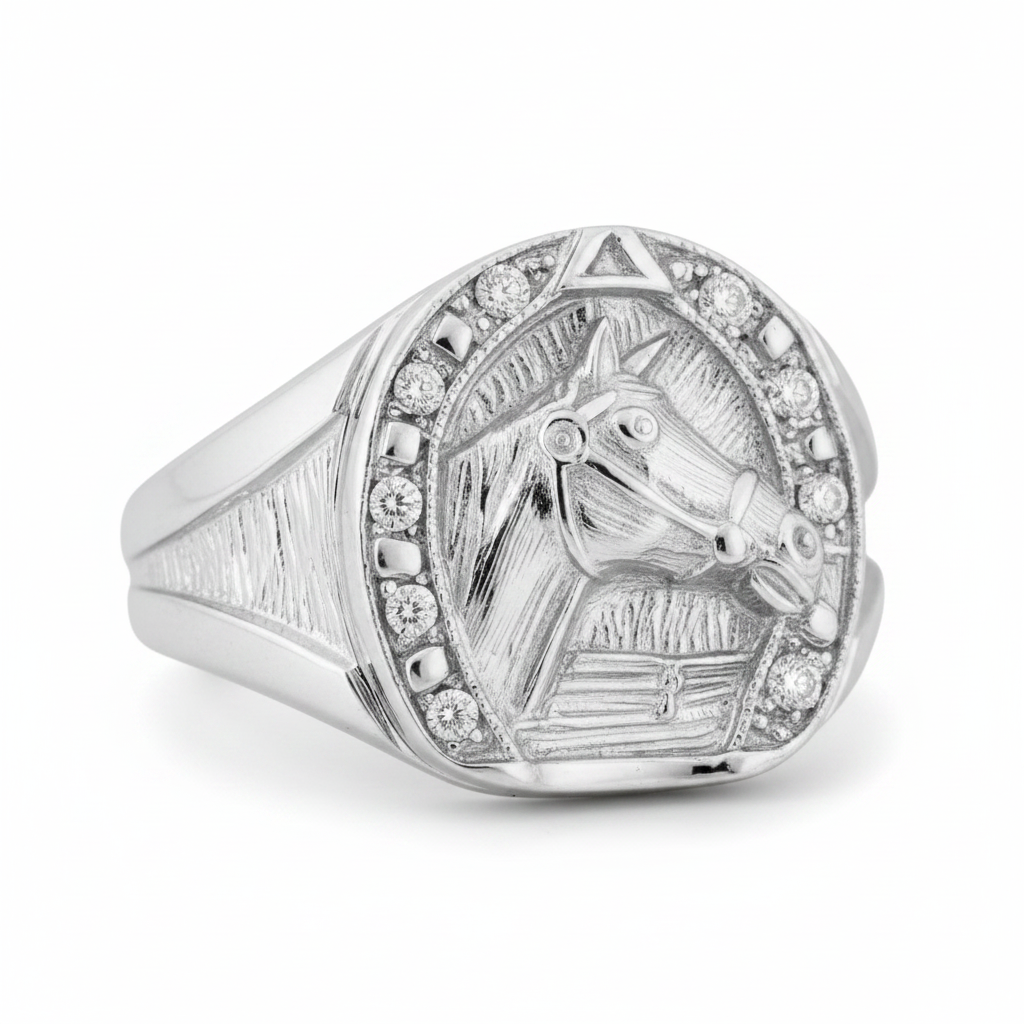 Sterling Silver CZ Horseshoe & Horse Head Ring
