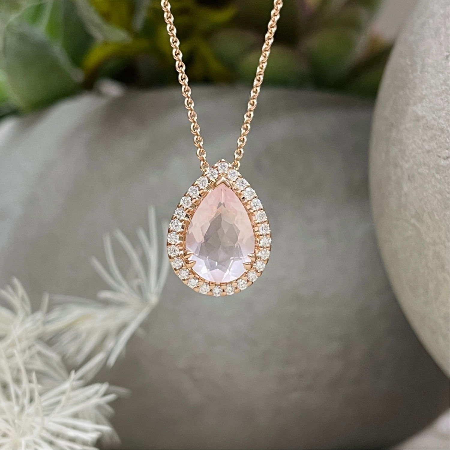 9R Pear Cut Rose Quartz  & Diamond Pendant