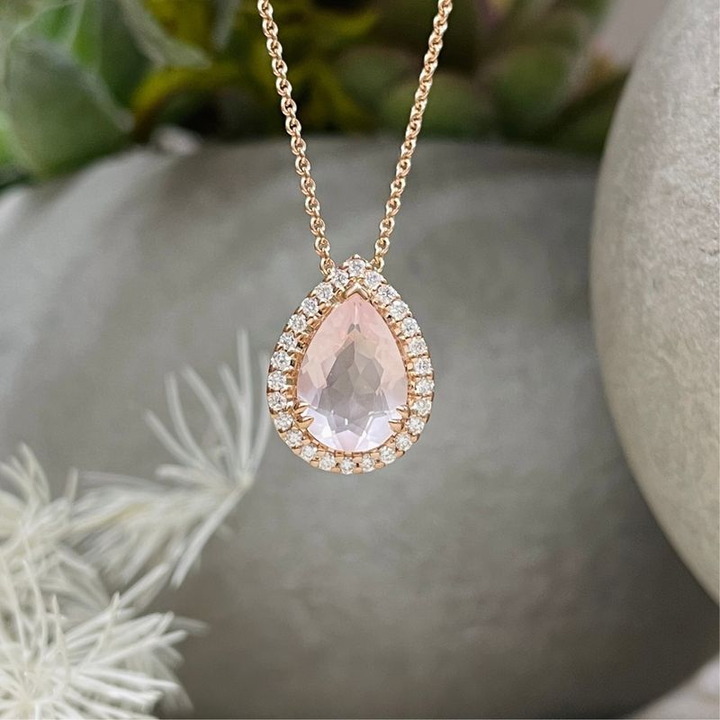 9R Pear Cut Rose Quartz  & Diamond Pendant