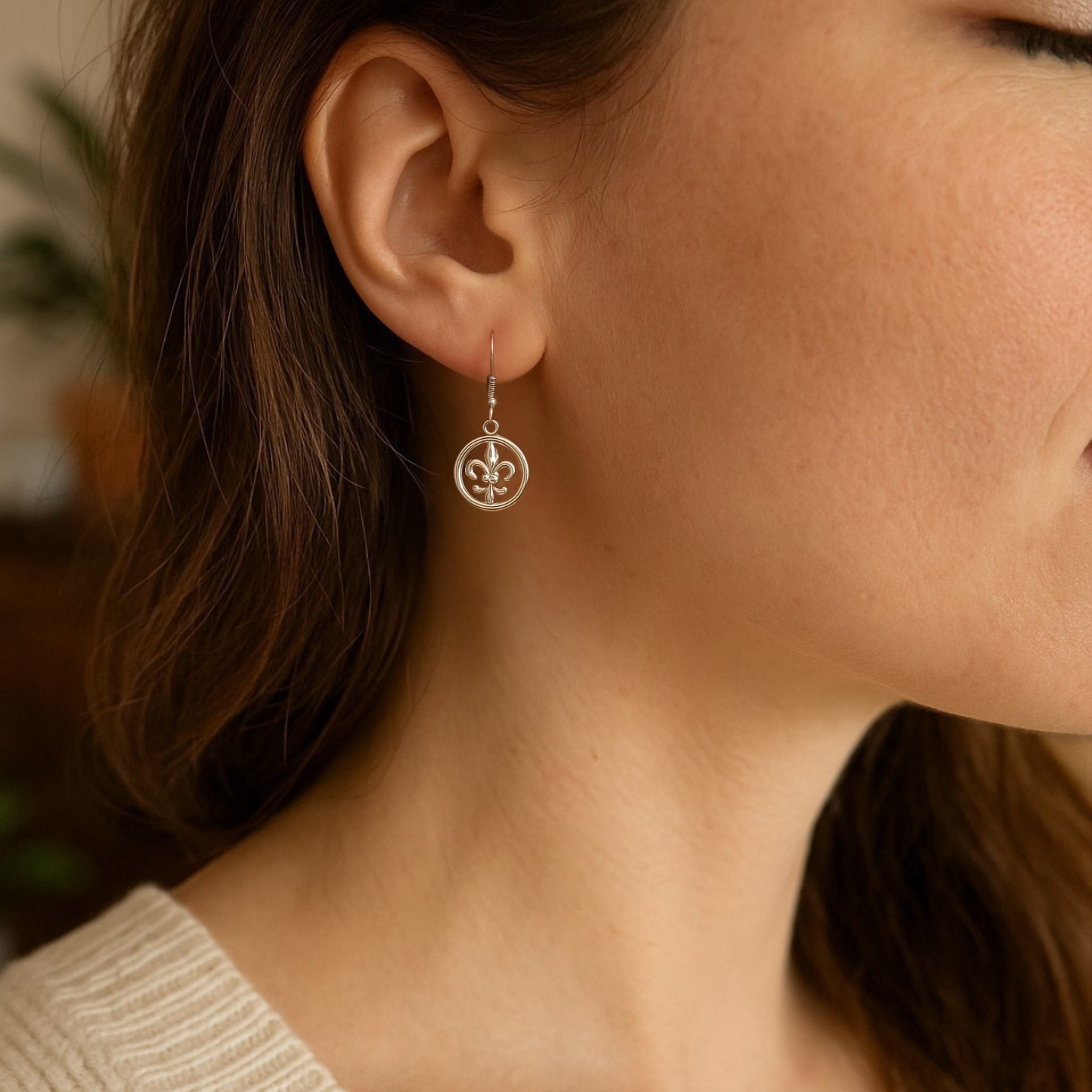 Sterling Silver Fleur De Lys Circle Earrings