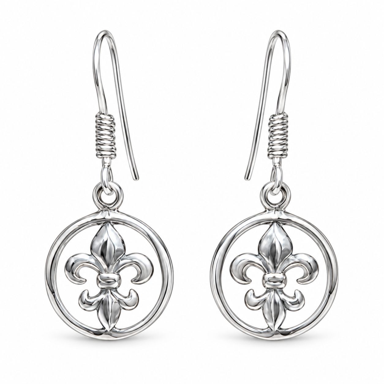 Sterling Silver Fleur De Lys Circle Drop Earrings Sterling Silver Fleur De Lys Circle Drop Earrings