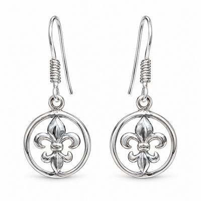 Sterling Silver Fleur De Lys Circle Drop Earrings