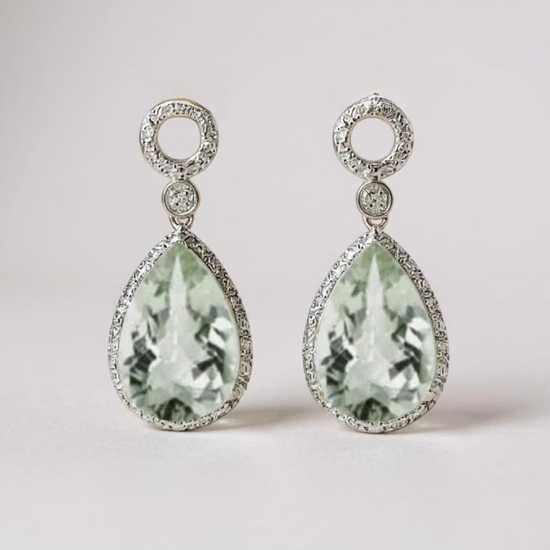 9ct Gold Green Amethyst & Diamond Drop Earrings 9ct Gold Green Amethyst & Diamond Drop Earrings