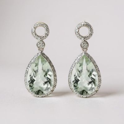 9ct Gold Green Amethyst & Diamond Drop Earrings