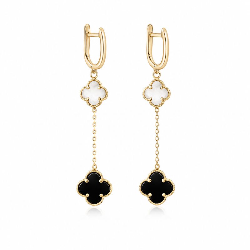 14YG Onyx & MOP Clover Drop Huggie Earrings 14YG Onyx & MOP Clover Drop Huggie Earrings