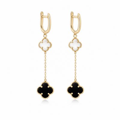 14YG Onyx & MOP Clover Drop Huggie Earrings