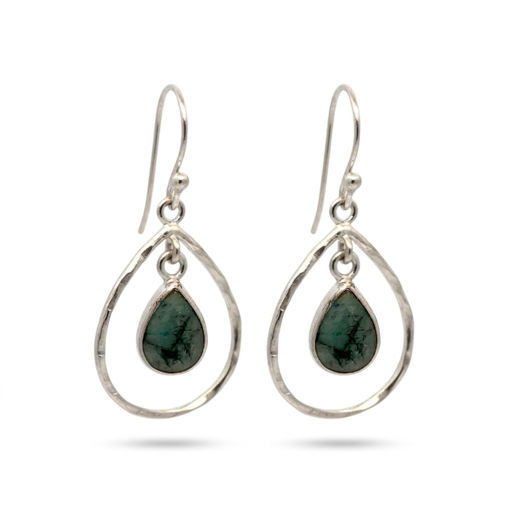 Sterling Silver Double Teardrop Emerald Hook Earrings