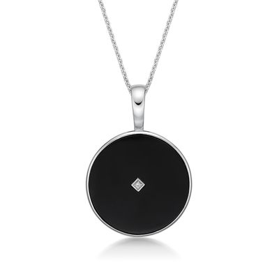 Sterling Silver Round Onyx & Square CZ Enhancer Pendant