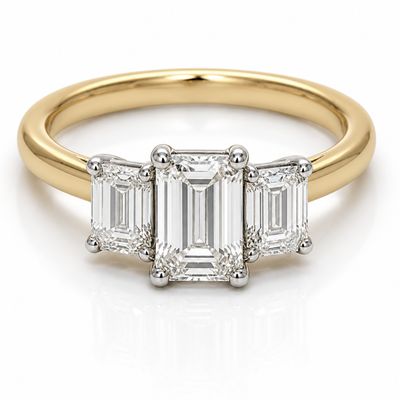 18ct Yellow Gold LAB Grown Emerald Cut  Trilogy Ring  2.50ct