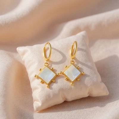 9ct MOP Square Beaded Drop Huggie Earrings