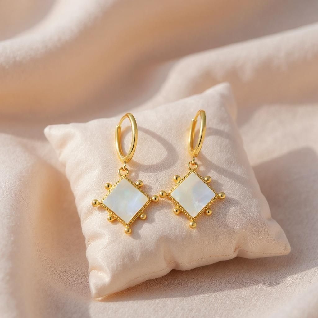 9ct MOP Square Beaded Drop Huggie Earrings