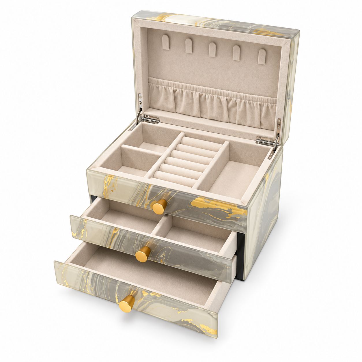 Glass Jewellery Box 2 Draw Grey & Gold Glass Jewellery Box 2 Draw Grey & Gold