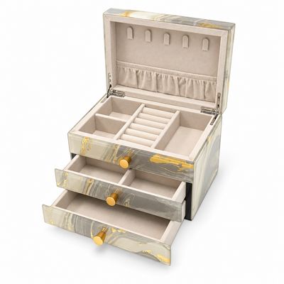 Glass Jewellery Box 2 Draw Grey & Gold Glass Jewellery Box 2 Draw Grey & Gold
