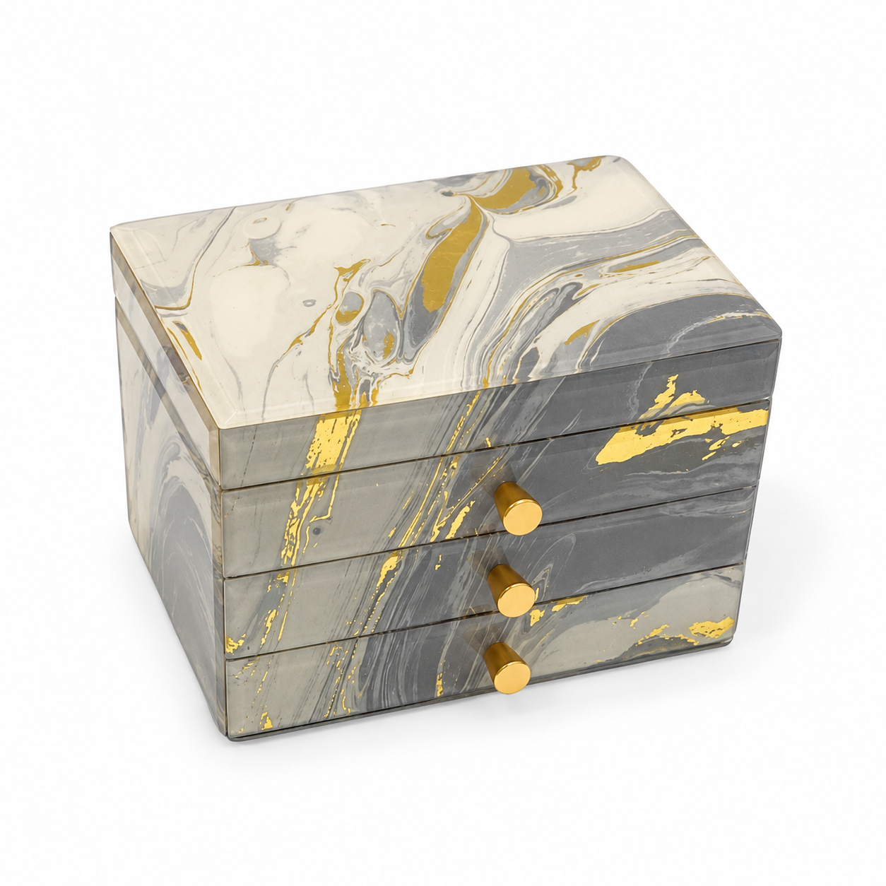 Glass Jewellery Box 2 Draw Grey & Gold
