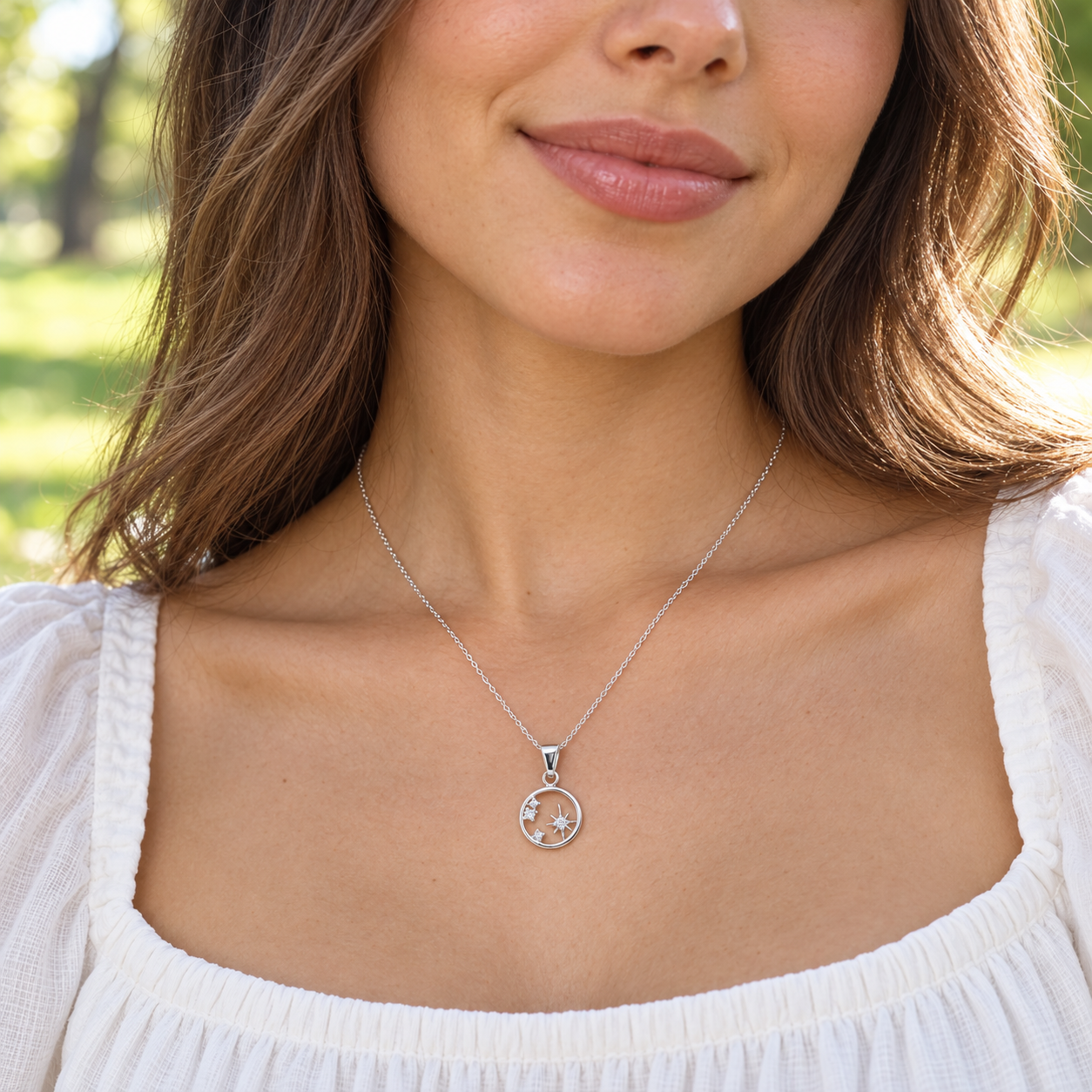 Sterling Silver Celestial Star Circle Pendant with Chain