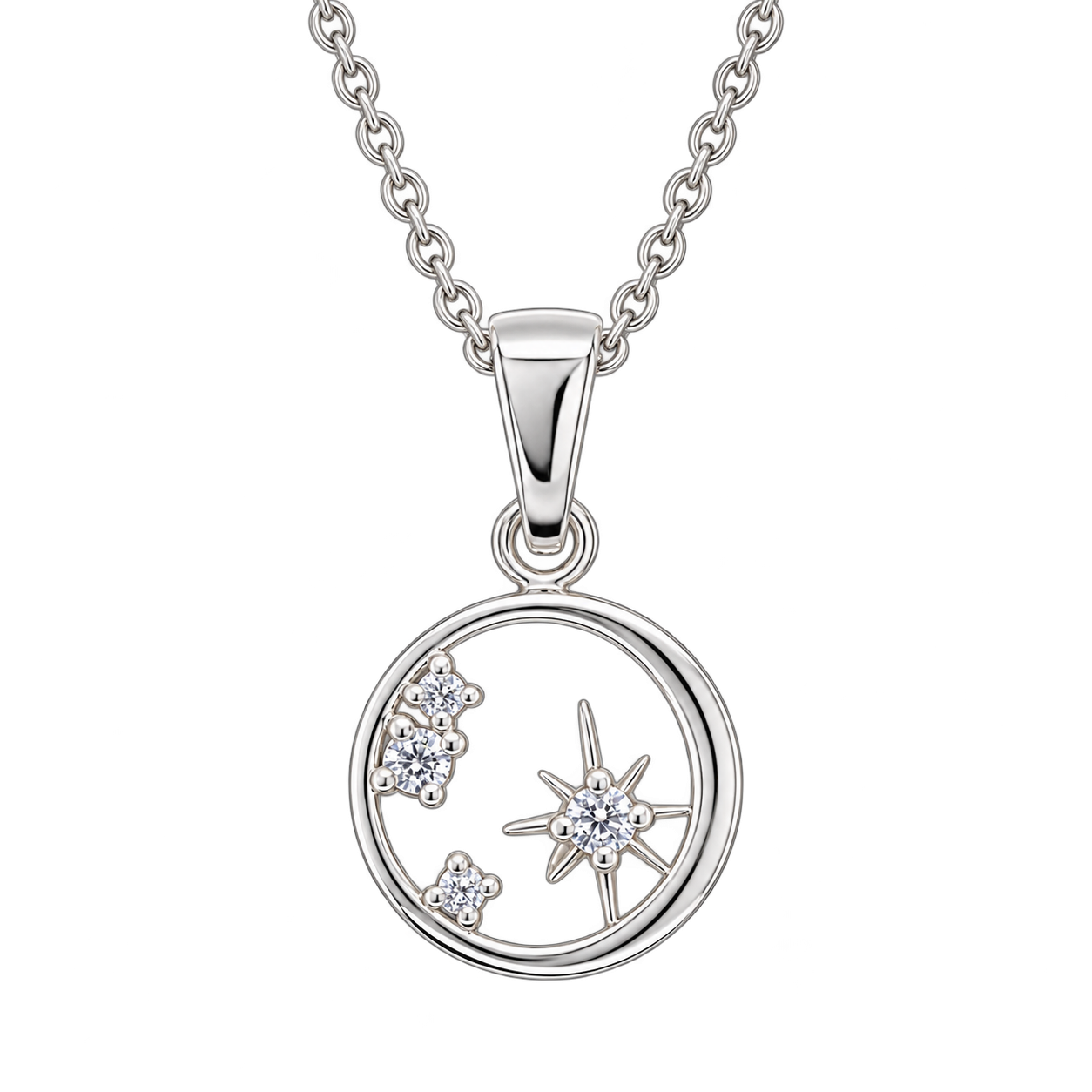 Sterling Silver Celestial Star Circle Pendant with Chain Sterling Silver Celestial Star Circle Pendant with Chain