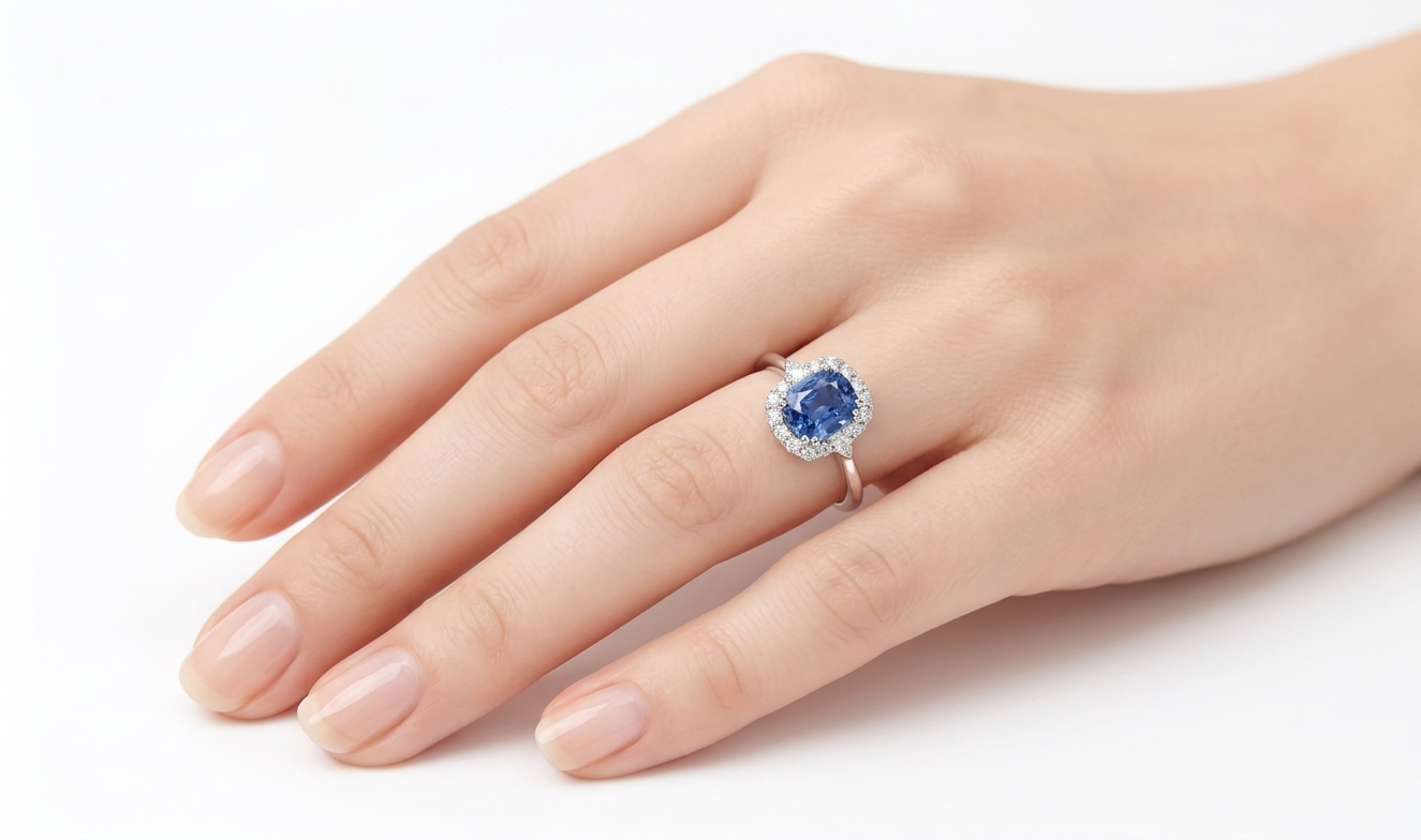18W Gold Cushion Cut Ceylon Sapphire & Diamond Halo Ring