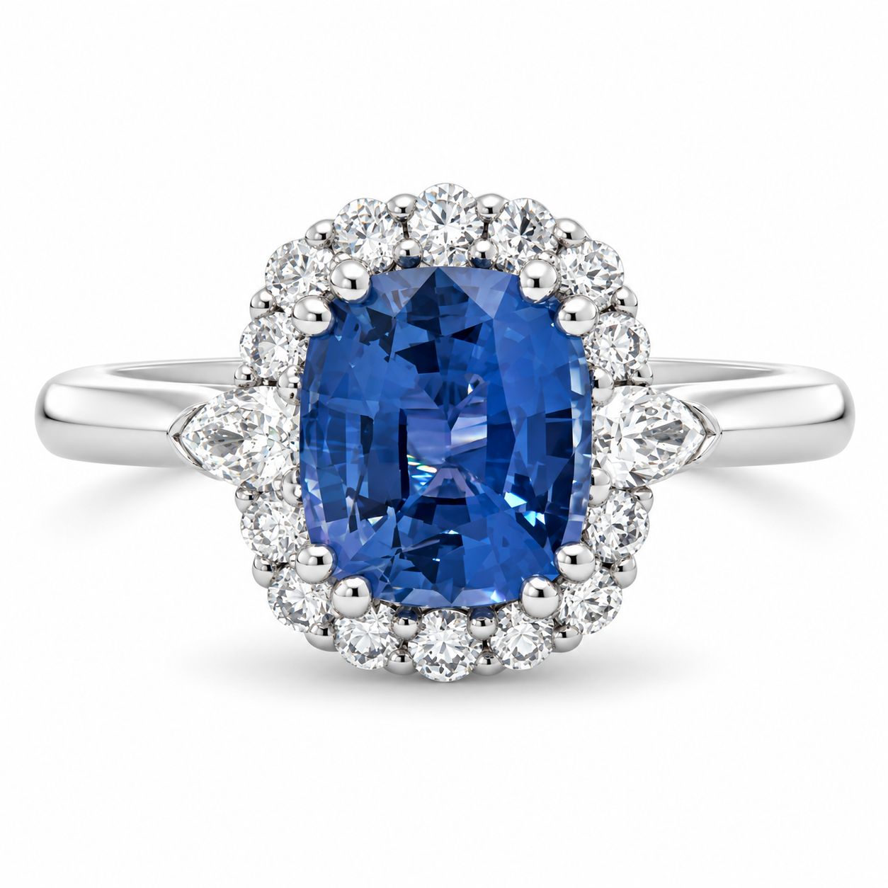 18W Gold Cushion Cut Ceylon Sapphire & Diamond Halo Ring