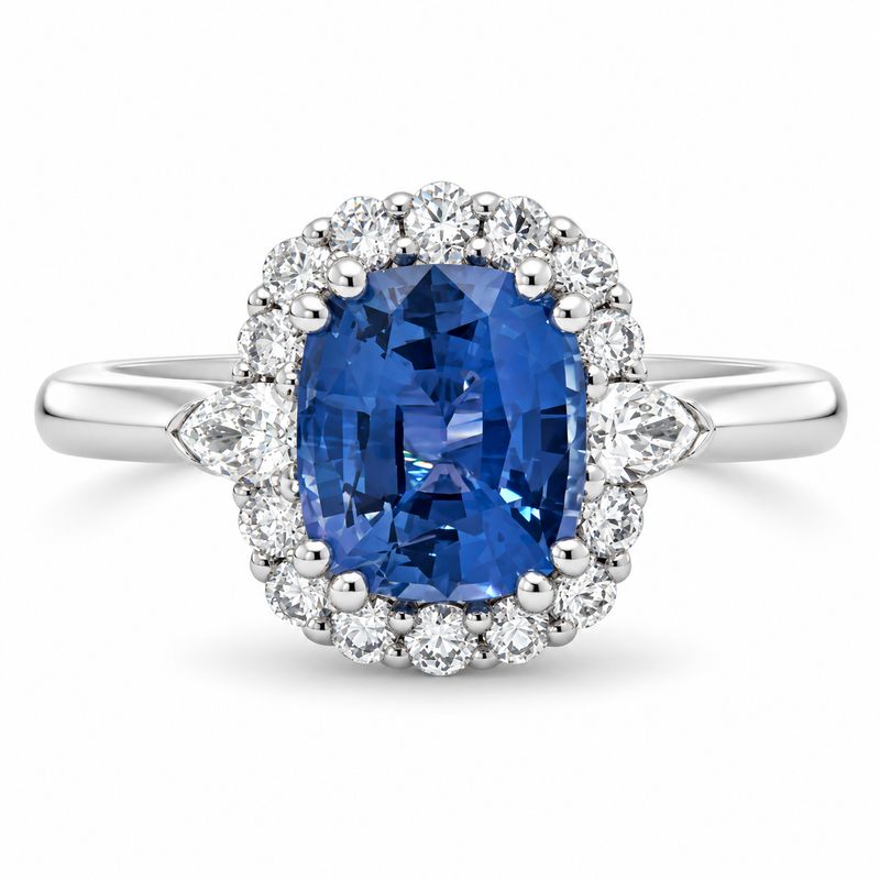 18W Gold Cushion Cut Ceylon Sapphire & Diamond Halo Ring 18W Gold Cushion Cut Ceylon Sapphire & Diamond Halo Ring