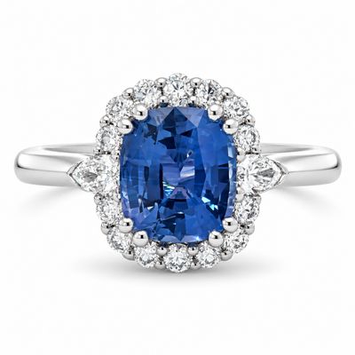 18W Gold Cushion Cut Ceylon Sapphire & Diamond Halo Ring