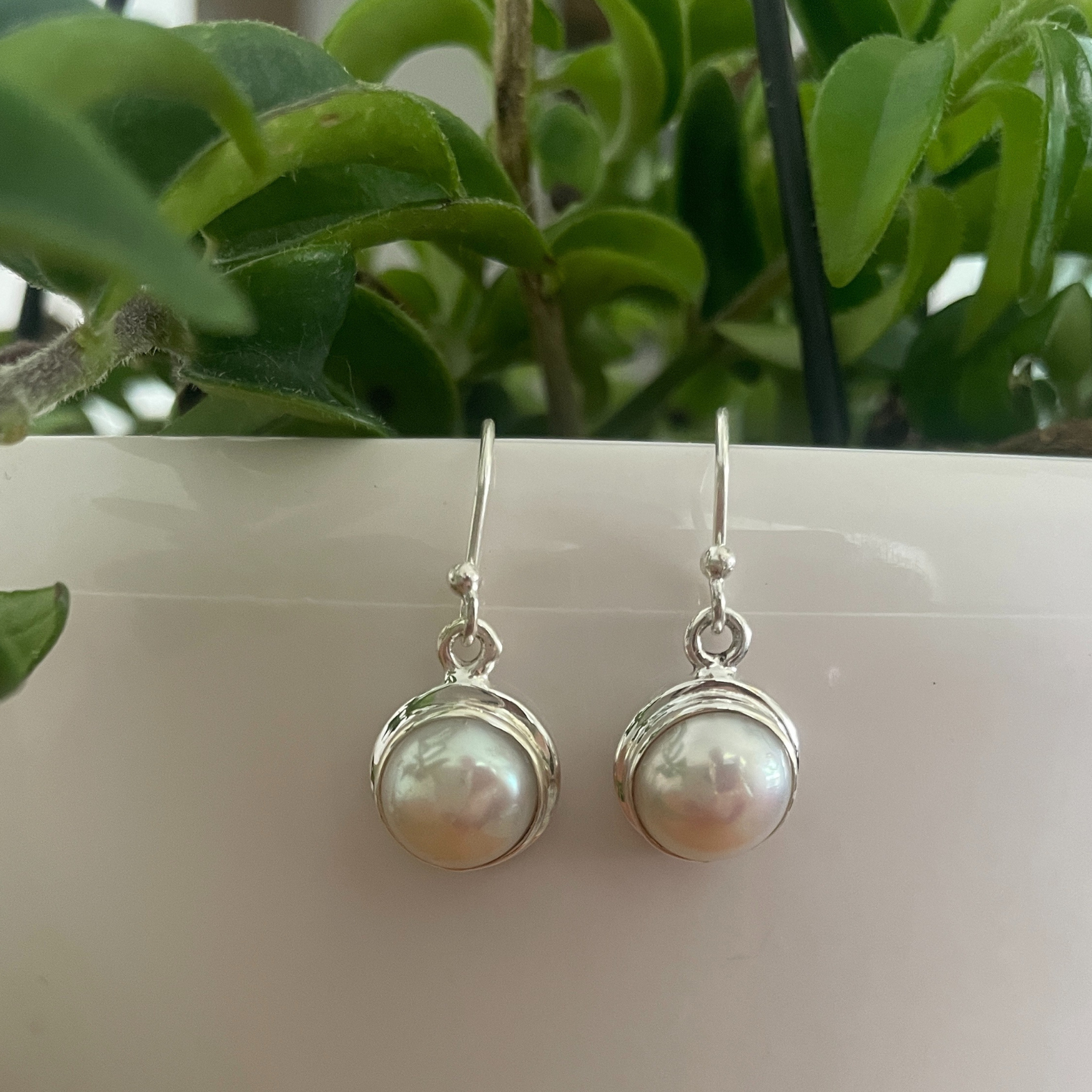 Sterling Silver Pearl Bezel Hook Earrings 10mm
