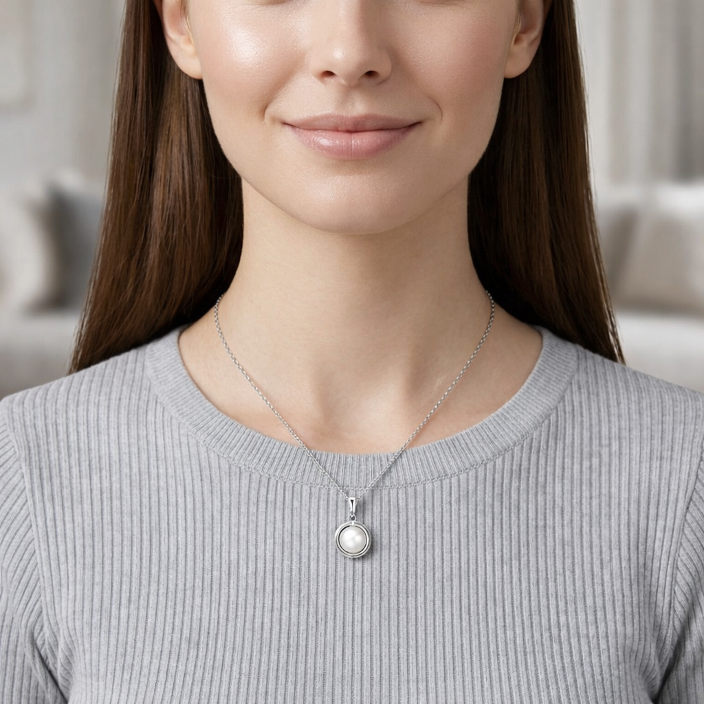 Sterling Silver Pearl & Diamond Pendant & Chain