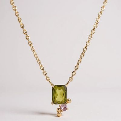 Gold on Silver Pink & Olivine CZ  Pendant & Chain