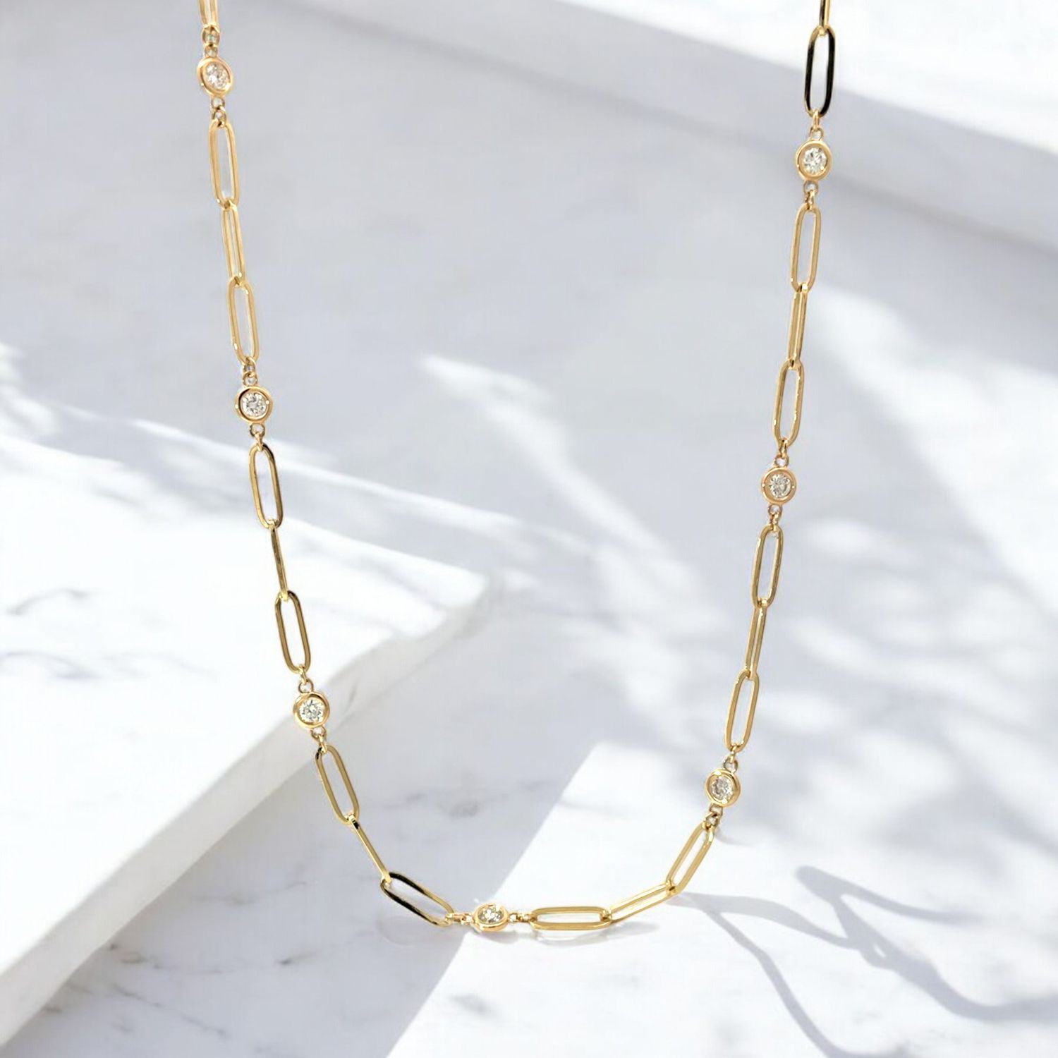 14K Yellow Gold Paperclip & Diamond Link Necklace.