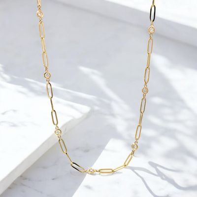 14K Yellow Gold Paperclip & Diamond Link Necklace.