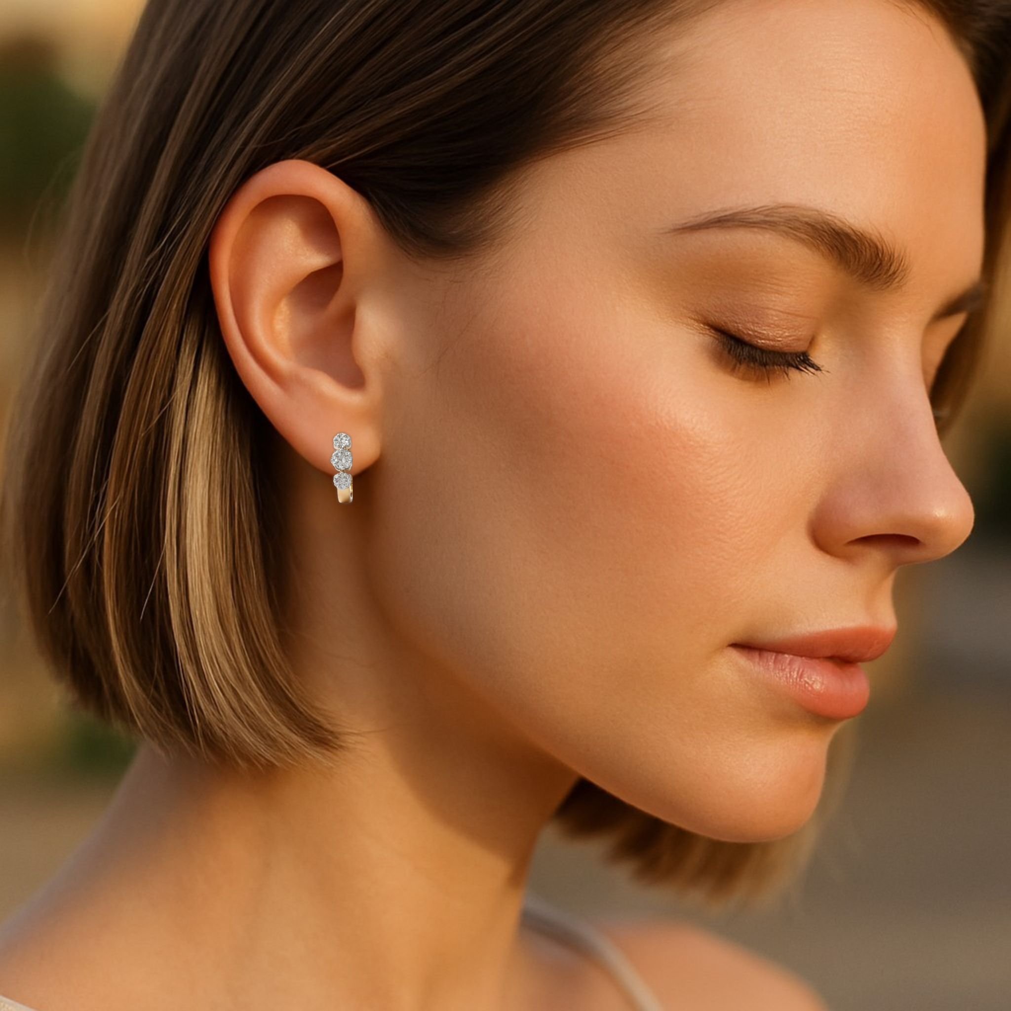 9Y Diamond Triple Daisy Huggie Earrings