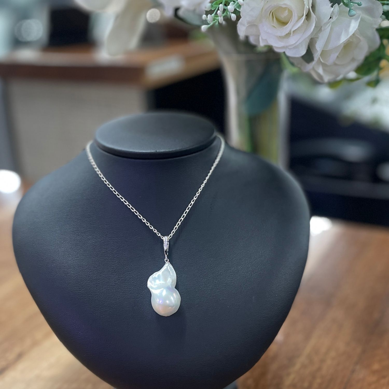 Sterling Silver White Baroque Pearl CZ Enhancer Pendant