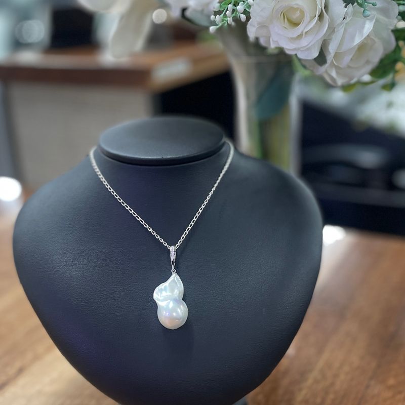 Sterling Silver White Baroque Pearl CZ Enhancer Pendant