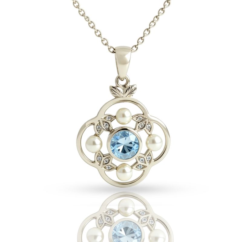 9ct White Gold  Aquamarine & Pearl Pendant