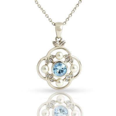 9ct White Gold  Aquamarine & Pearl Pendant
