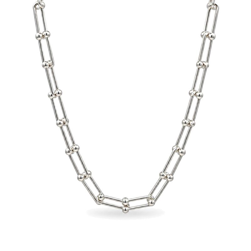 Sterling Silver Long Oval & Double Ball Link Necklace”