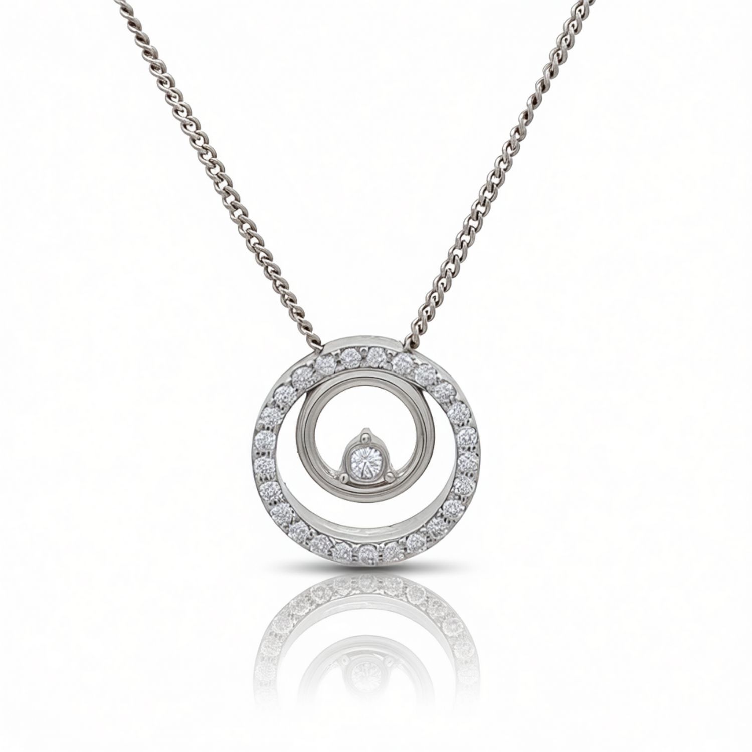 9ct White Gold Double Open Circle Diamond Pendant & Chain