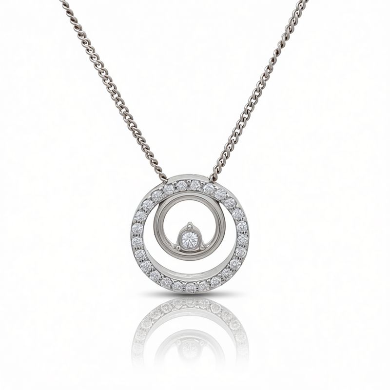 9ct White Gold Double Open Circle Diamond Pendant & Chain