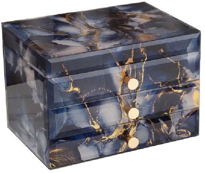 GLASS JEWELLERY BOX BLUE & GOLD COLOUR 2 DRAWS