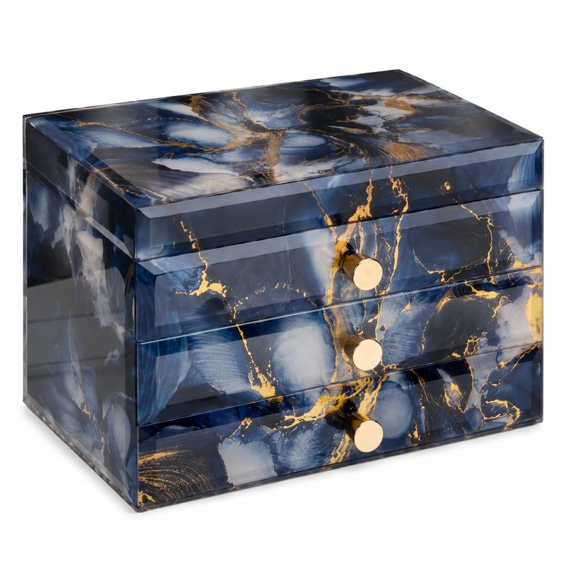 GLASS JEWELLERY BOX BLUE & GOLD COLOUR 2 DRAWS