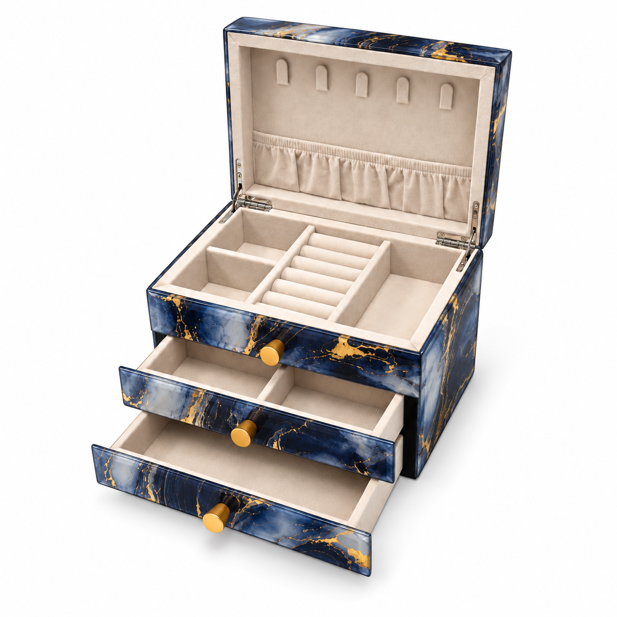Glass Jewellery Box 2 Draw Navy & Gold