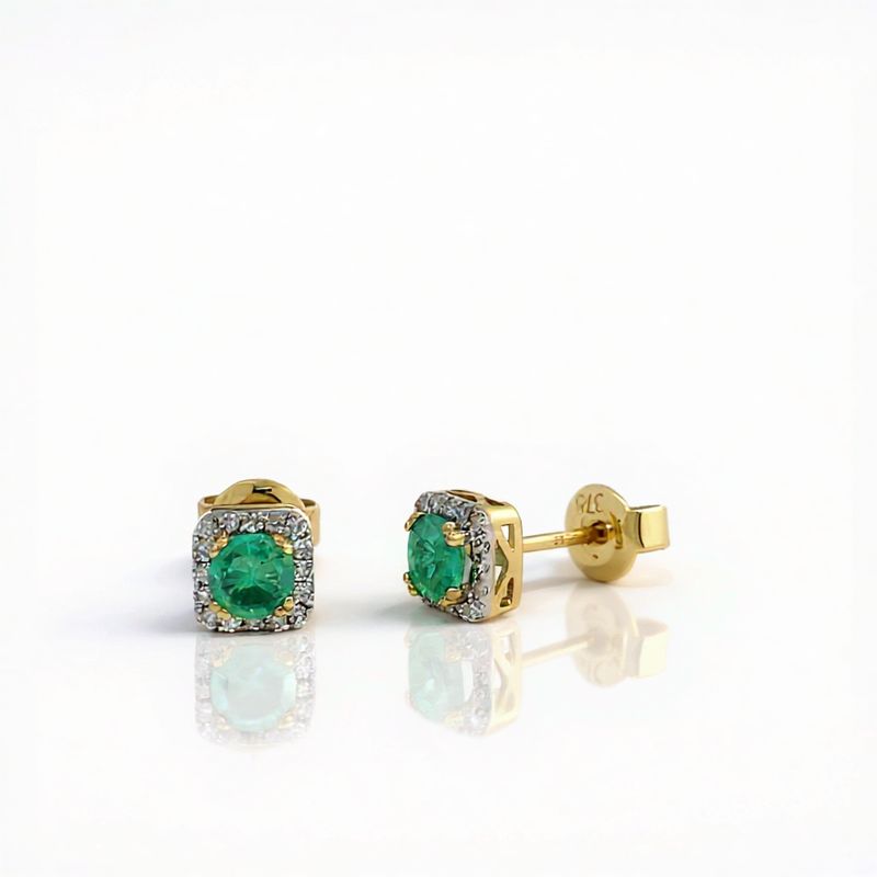 9ct Gold Emerald & Diamond Halo Stud Earrings