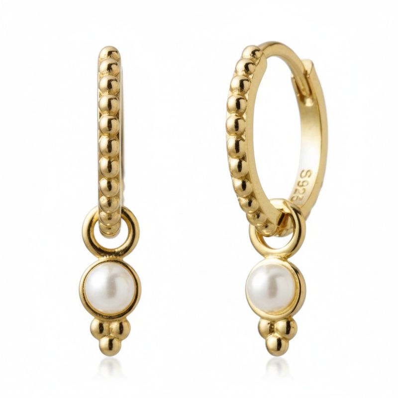 14k Gold/925 Sterling Silver Huggie & Pearl Charm Drop Earrings