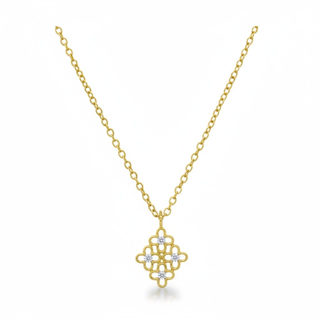 14k Gold/925 Sterling Silver CZ Floral Motif Pendant