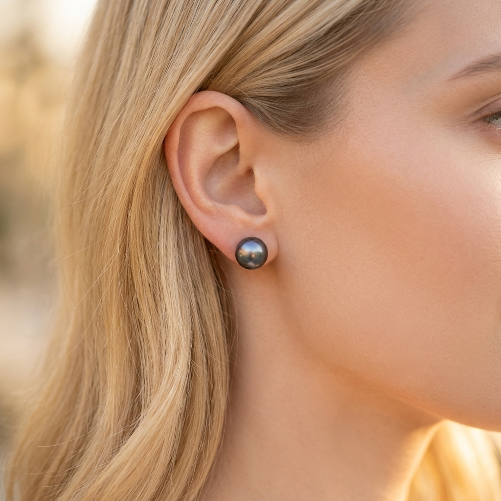 Black Button Pearl 13mm Earrings