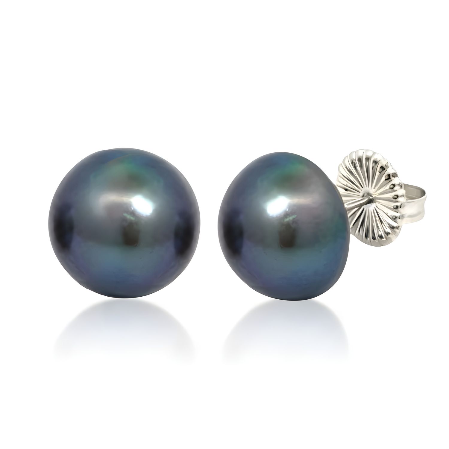 FWP Black Button Pearl 13mm Earrings