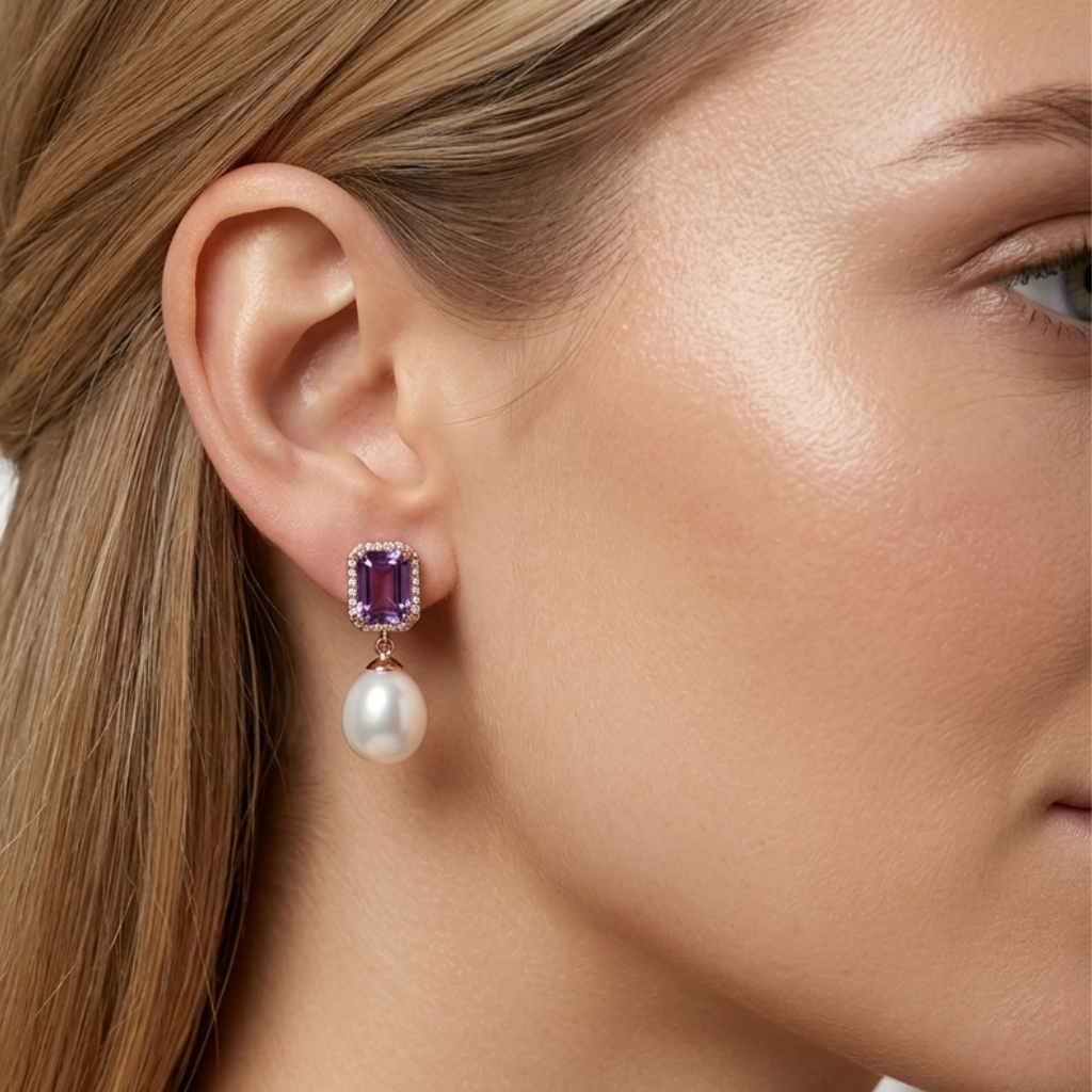 9ct Rose Gold Amethyst/Diamond/ Pearl Drop Earrings